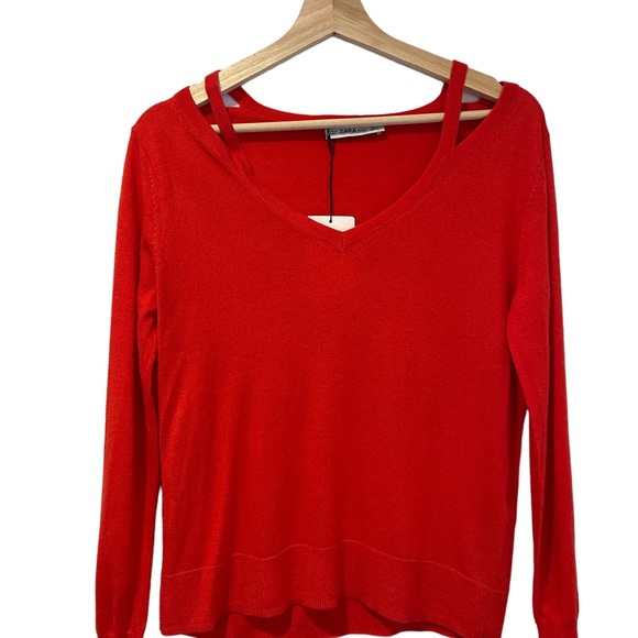 Zara Knit Sweater Red V Neck Shoulder Cutout Size Small - Picture 2 of 6